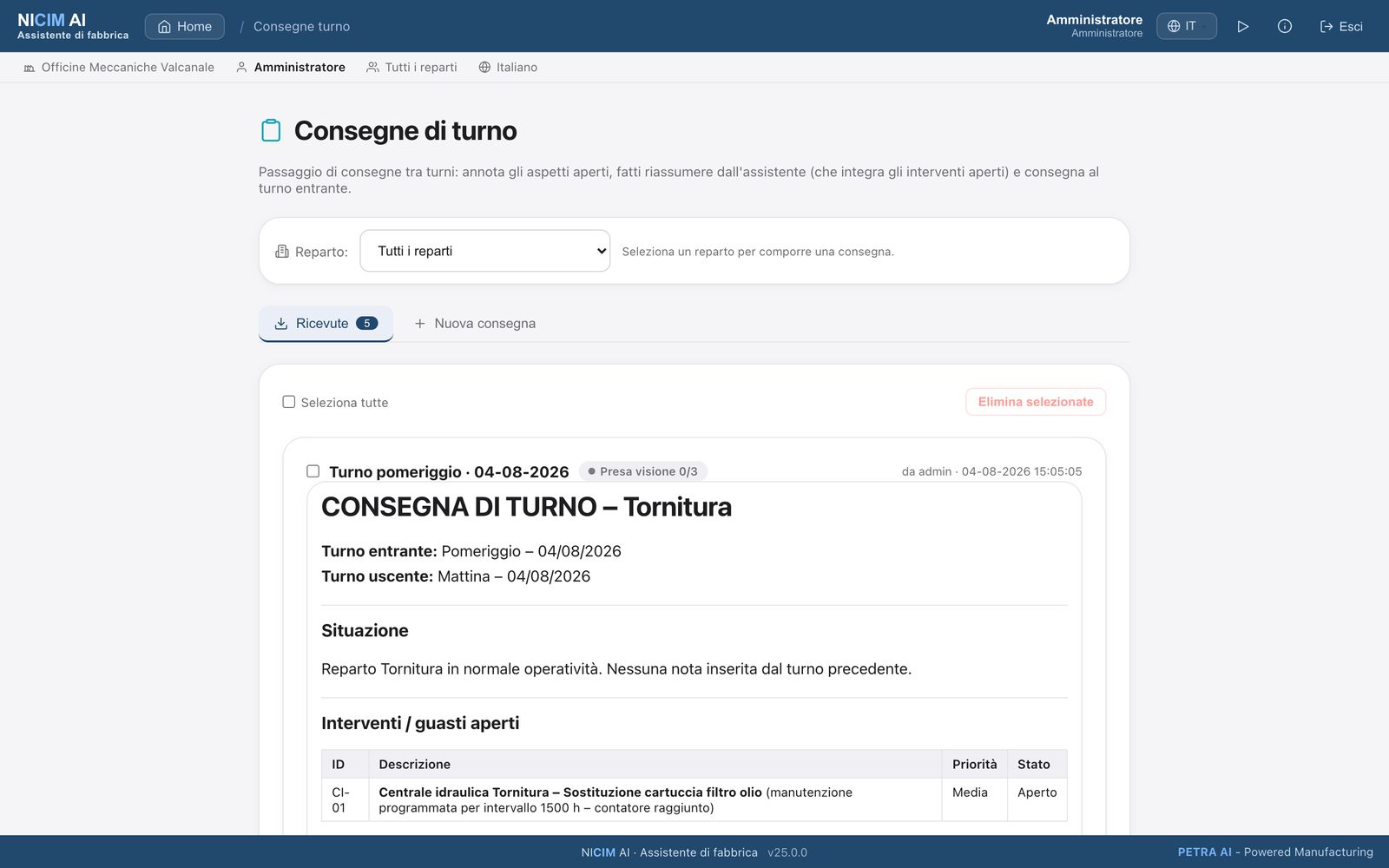 Una consegna di turno redatta dall'assistente