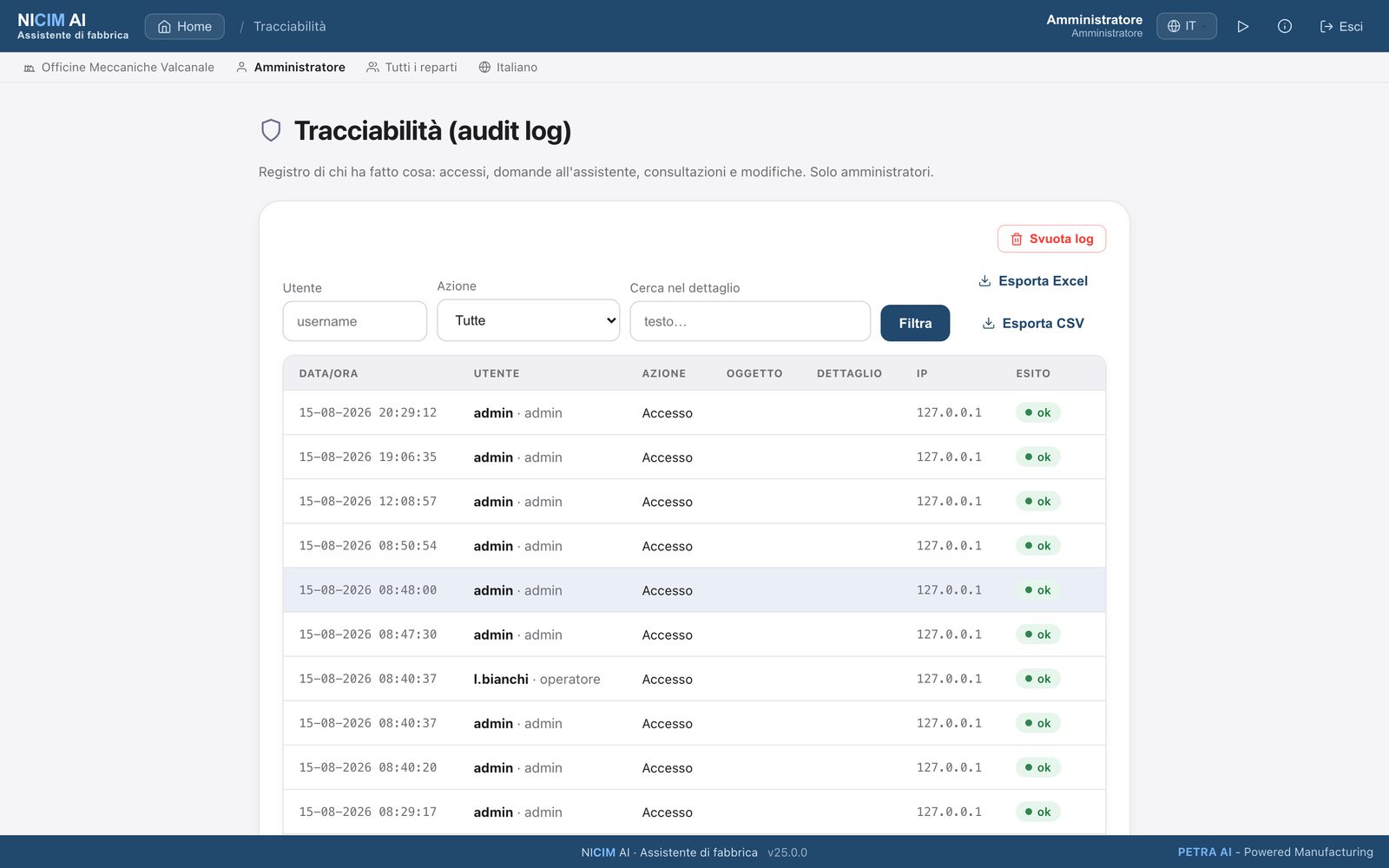 Il registro di tracciabilità con filtri ed export